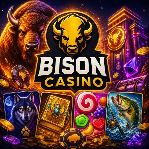 Bison Casino promotional image with logo and themed elements in square format
