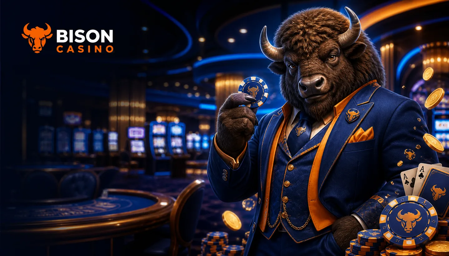 Horizontal HERO banner for Bison Casino Poland featuring a strong bison mascot in a casino setting with blue and orange accen